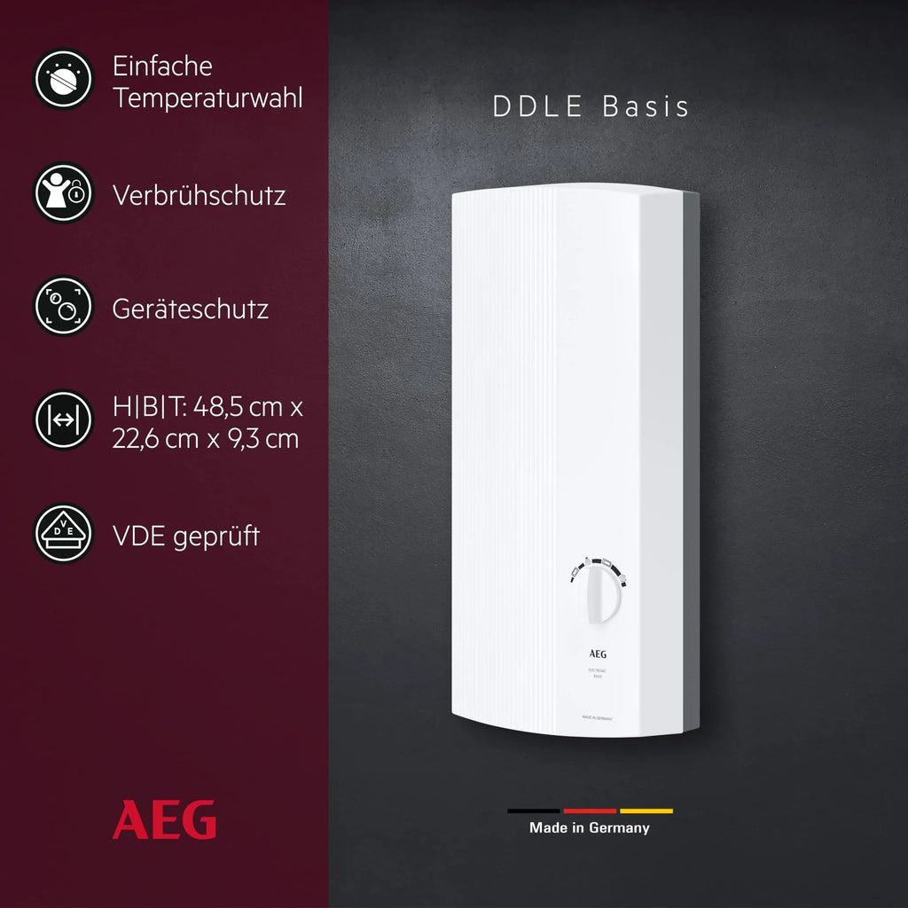 Calentador de paso AEG DDLE Basis 18/21/24 kW conmutable, selección de temperatura continua, 400V VDE, clase de eficiencia energética A, 222390