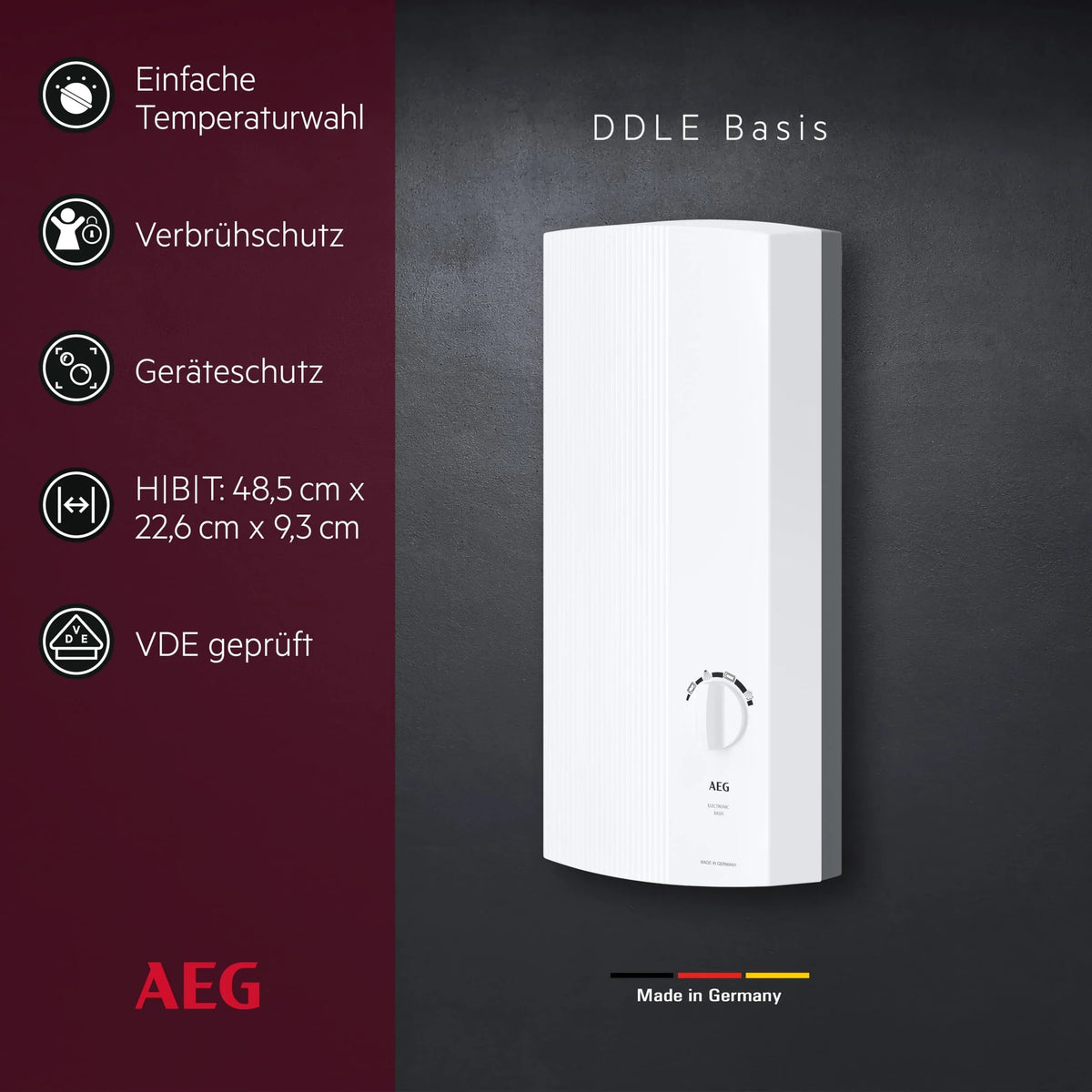 Calentador de paso AEG DDLE Basis 18/21/24 kW conmutable, selección de temperatura continua, 400V VDE, clase de eficiencia energética A, 222390