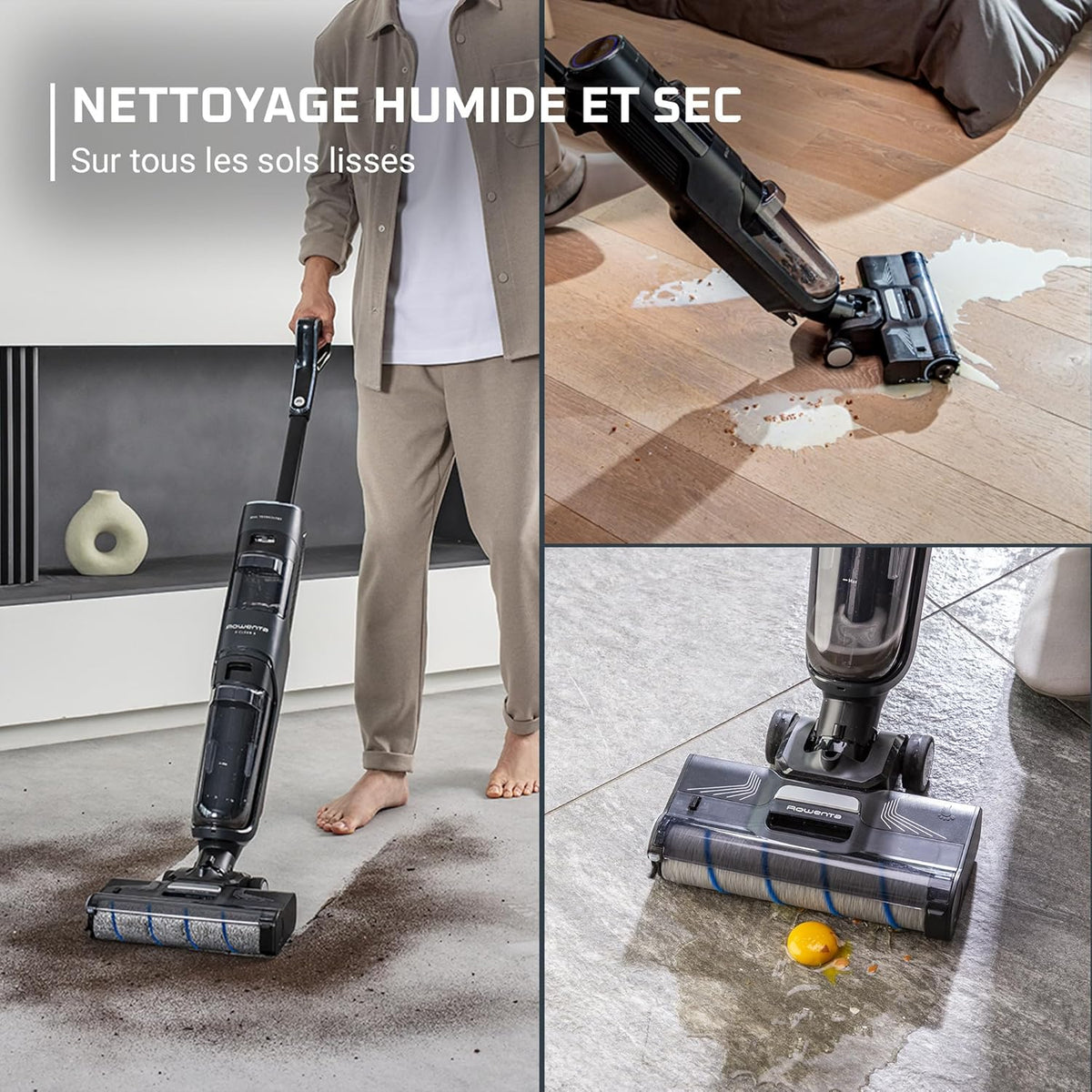 Aspirador escoba friegasuelos inalámbrico Rowenta X-Clean 4, aspiración y fregado potente, inteligente, 50 min de autonomía, autolimpieza GZ5037WO, negro