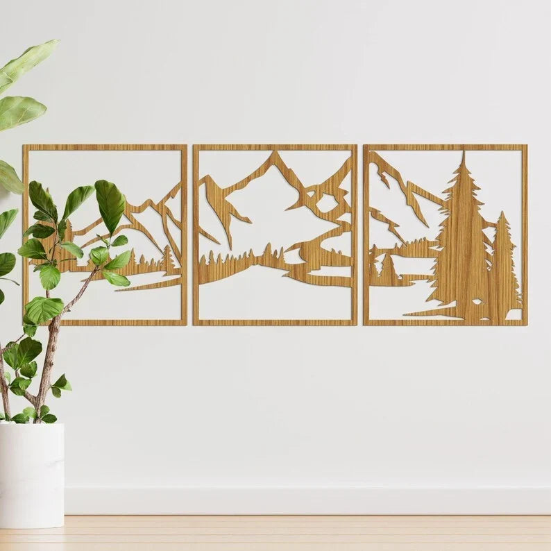 Arte de pared de montañas en madera, HDF 3 mm, decoración de pared rústica para sala de estar, dormitorio, oficina