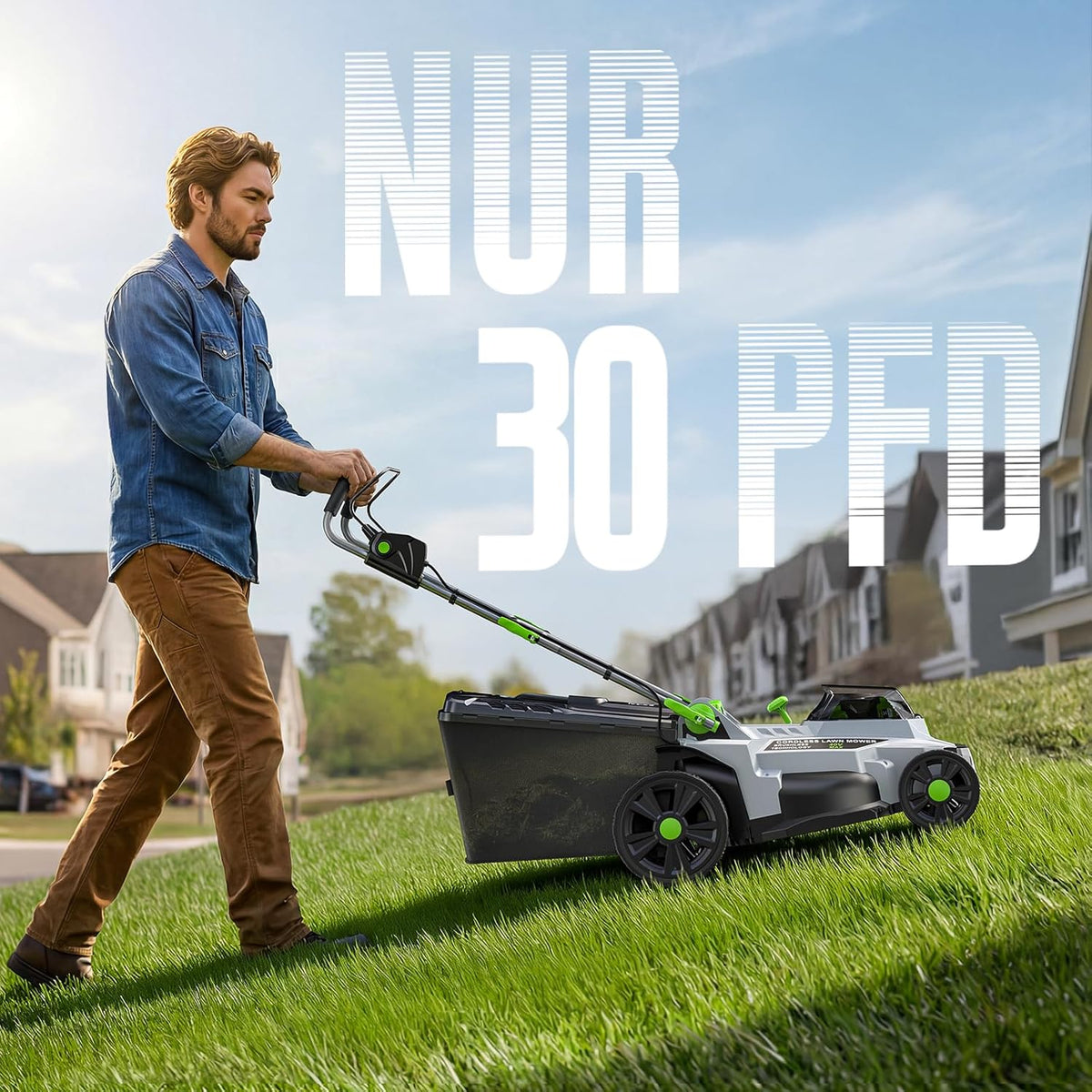 Cortacésped a batería ETOOLAB 40V (2x20V), 43 cm de ancho de corte, hasta 500 m², motor sin escobillas, kit de mulching, cesta de recogida de 50 L, 6 alturas de corte, 25-75 mm de altura de corte, 2 baterías de 4,0 Ah + cargador