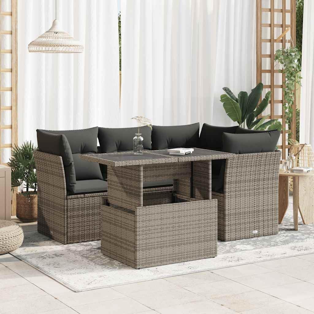 vidaXL Juego de sofá de jardín de 5 piezas con cojines, ratán sintético gris, conjunto de sofá para exterior, conjunto de salón de jardín