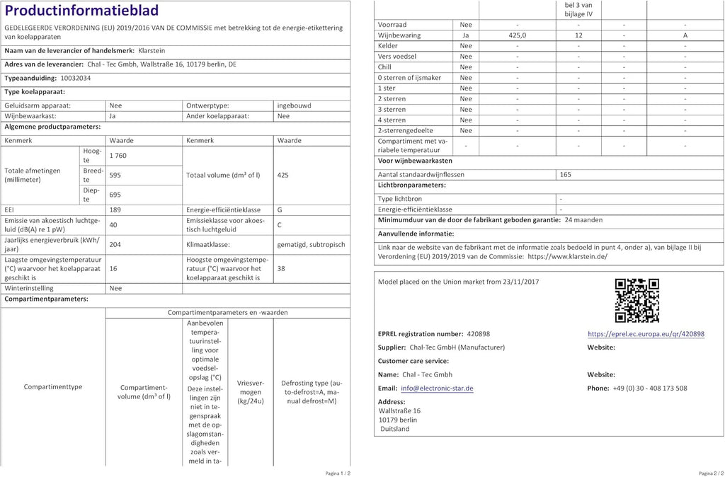 Klarstein Vinovilla Chłodziarka do wina do zabudowy, 433 l, dwustrefowa, na wino, prosecco i piwo, szklane drzwi, ochrona UV, panel dotykowy, 47 dB, 165 butelek