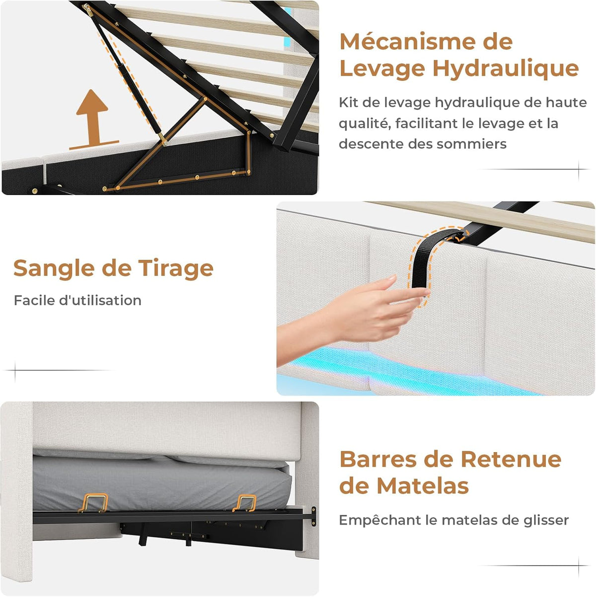 Cama tapizada AOGLLATI 140×200 con tomas de corriente e iluminación LED, cama doble con cabecero con almacenamiento y espacio de almacenamiento hidráulico, estructura de cama con somier, cama juvenil 140×200, lino, sin colchón, beige