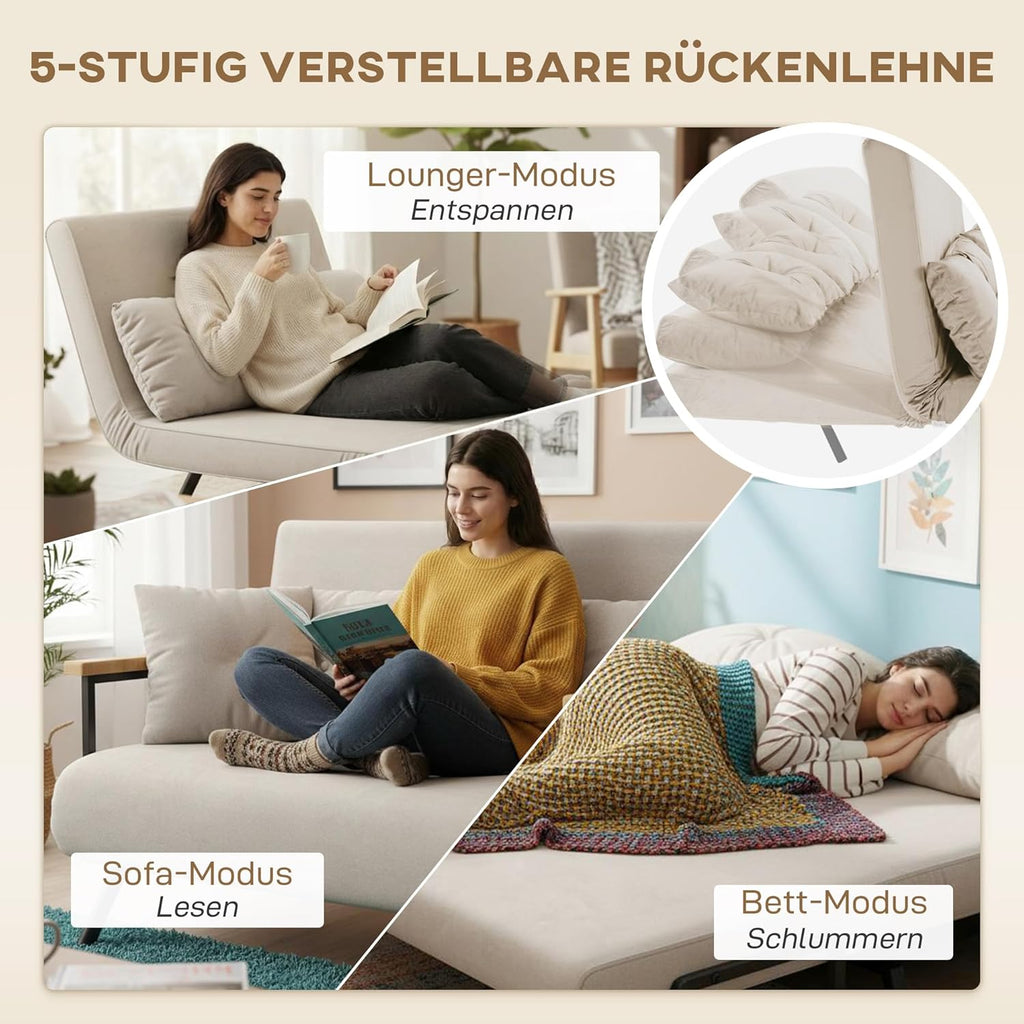 HOMCOM Sofá cama 4 en 1, sofá de 2 plazas con función de cama, 183 x 98,5 cm, sofá plegable con respaldo ajustable en 5 niveles, cojín lumbar y aspecto de terciopelo para salón, beige