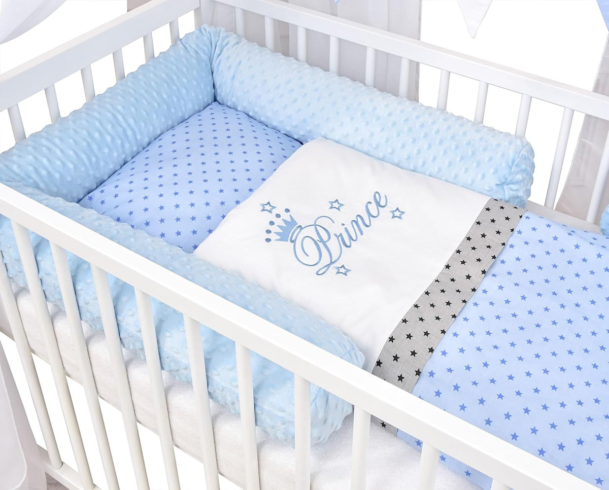 Set completo de cuna Baby Delux, cama casita de 60x120 cm, color blanco, con cajón, barrera anticaídas, colchón, ropa de cama y set de decoración (Prince Stars)