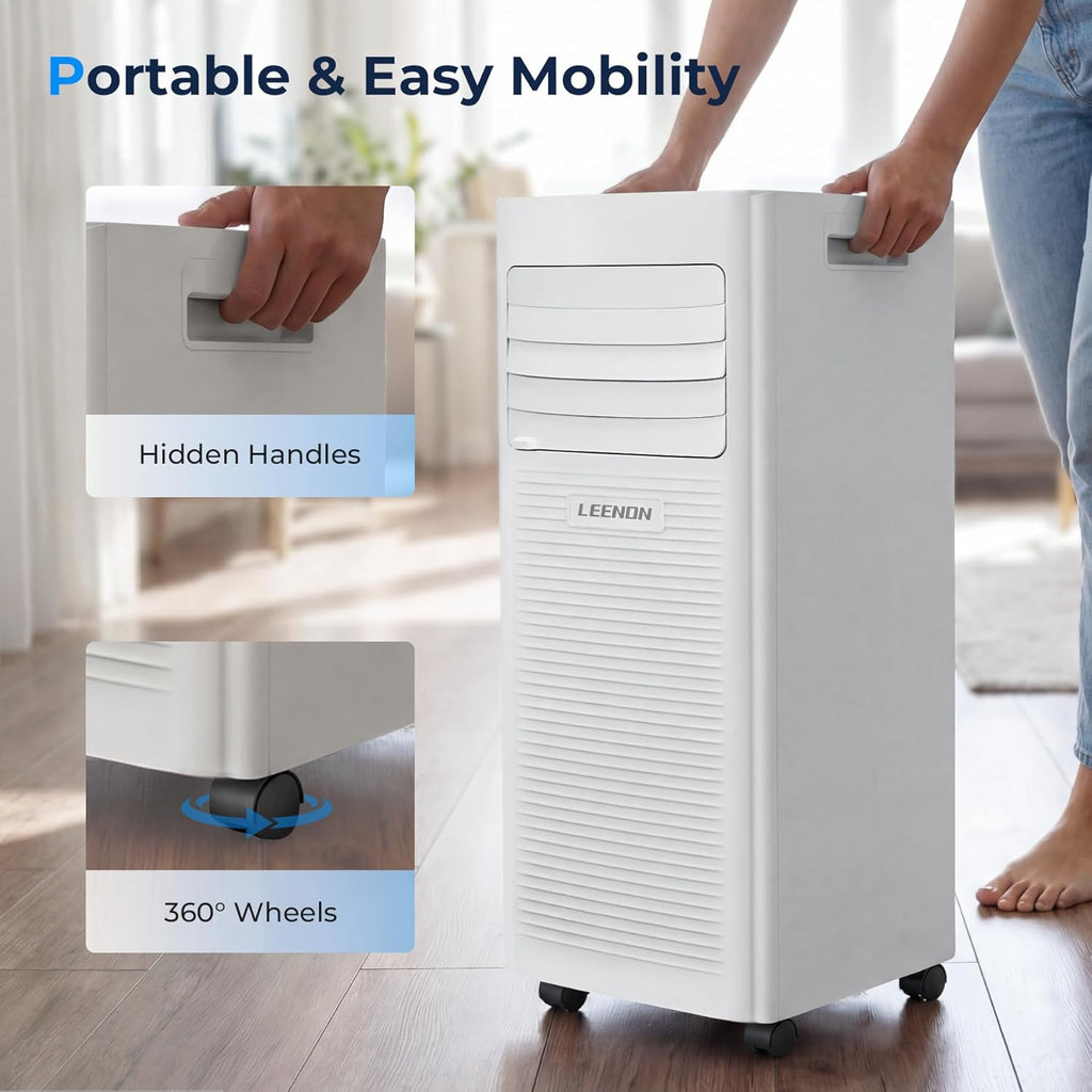 Aire acondicionado portátil LEENON 9000 BTU, 4 en 1: refrigeración, deshumidificación, modo ventilador y modo sueño, climatizador móvil de 2,6 kW con tubo de escape, control remoto/temporizador de 24 h, para habitaciones de hasta 35 m²