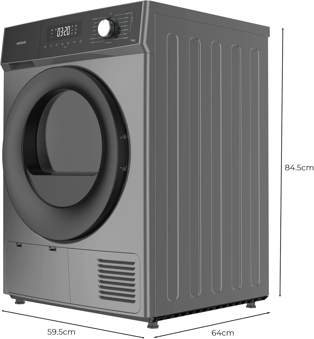 Cecotec Secadora 9Kg de Bomba de Calor Bolero Dresscode Dry 9330 Steel. Clase Equivalente A++, 15 Programas, Funciones de Secado Auto, Planchado Fácil, Stop&Go, Inicio Diferido y KidLock, Acero