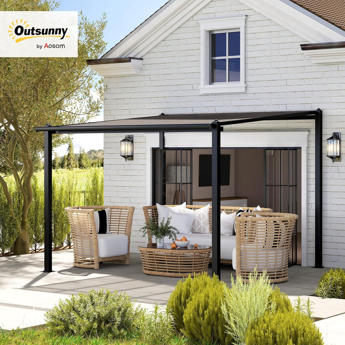 Pérgola de jardín Outsunny para exteriores de aluminio, 3 x 3 m, pérgola adosada con techo de policarbonato impermeable, sistema de drenaje, cenador con protección solar UPF30+ para terraza, patio y jardín, gris