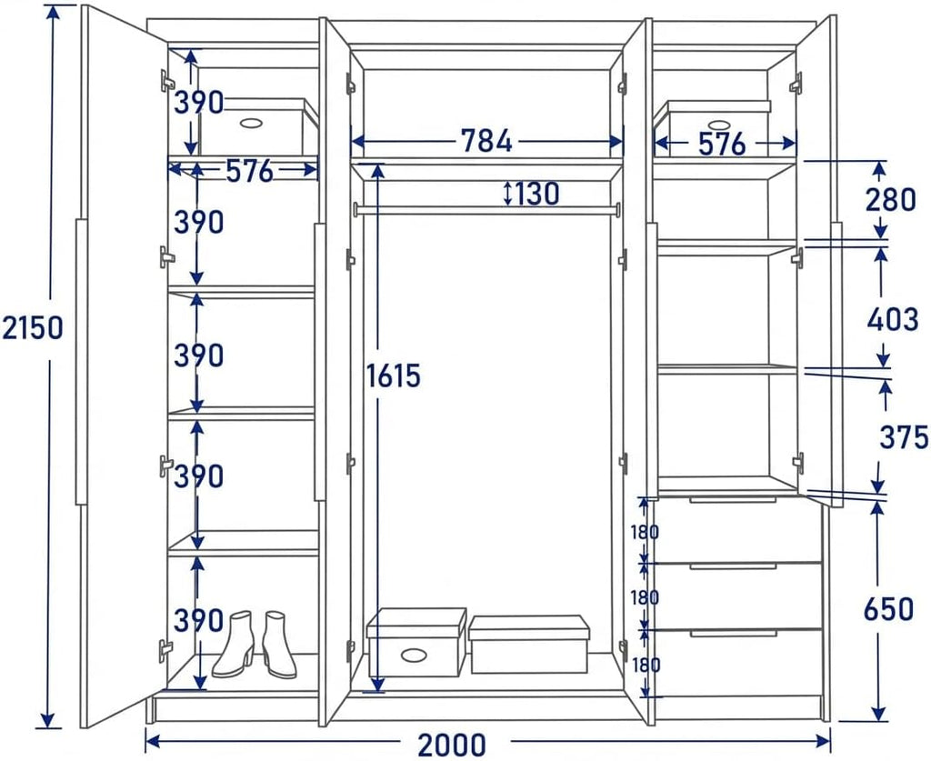 Armario de 4 puertas A und J MöbelLand VIVO con espejo y cajones - 200 x 215 cm - Armario de puertas batientes con barra para ropa y estantes
