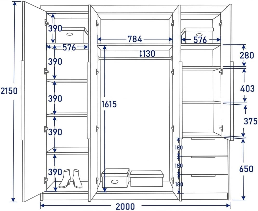 Armario de 4 puertas A und J MöbelLand VIVO con espejo y cajones - 200 x 215 cm - Armario de puertas batientes con barra para ropa y estantes
