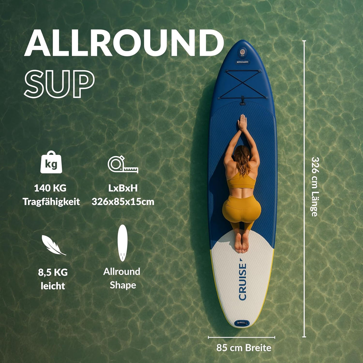 Tabla de paddle surf hinchable NOARD de doble capa con tecnología dropstitch, 326 cm, hasta 140 kg | Set completo que incluye remo, bomba de doble acción, mochila, leash y bolsa estanca
