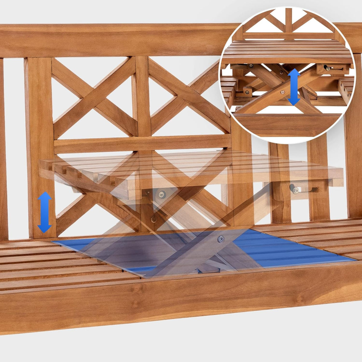 Banco de teca Luka de CLP | Banco de jardín resistente a la intemperie con mesa plegable, color: teca, tamaño: 150 cm