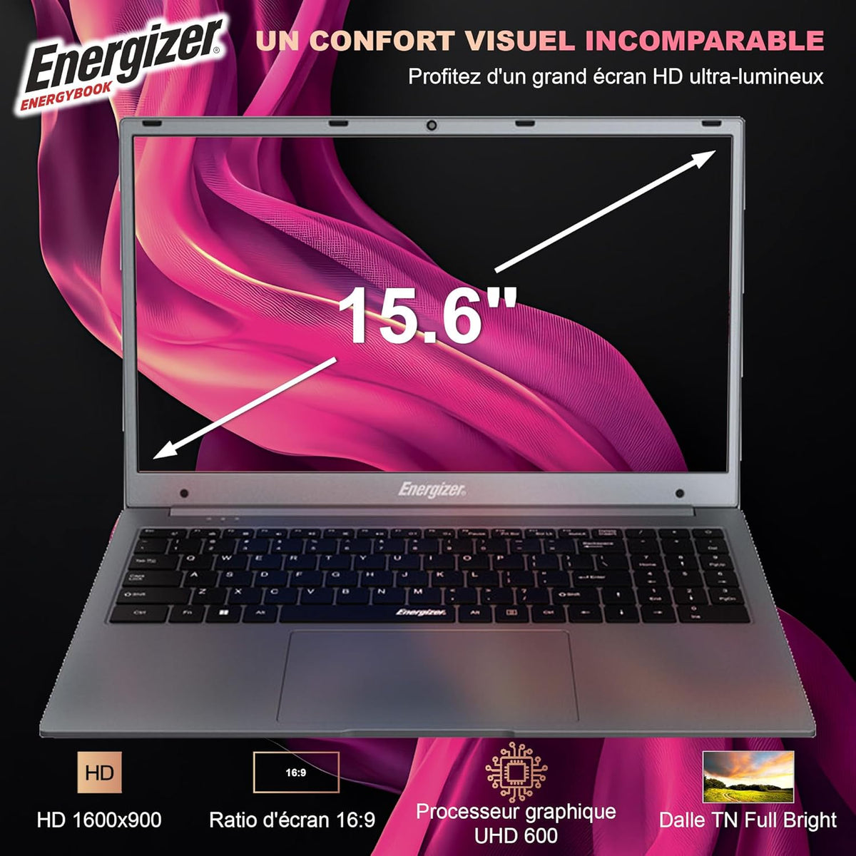 Energizer EnergyBook - Ordenador portátil 15,6'' HD+, 8 GB de RAM, SSD 256 GB, PC portátil Intel Celeron, UHD Graphics, Windows 11, portátil gris, teclado AZERTY (francés), USB 3.0, HDMI