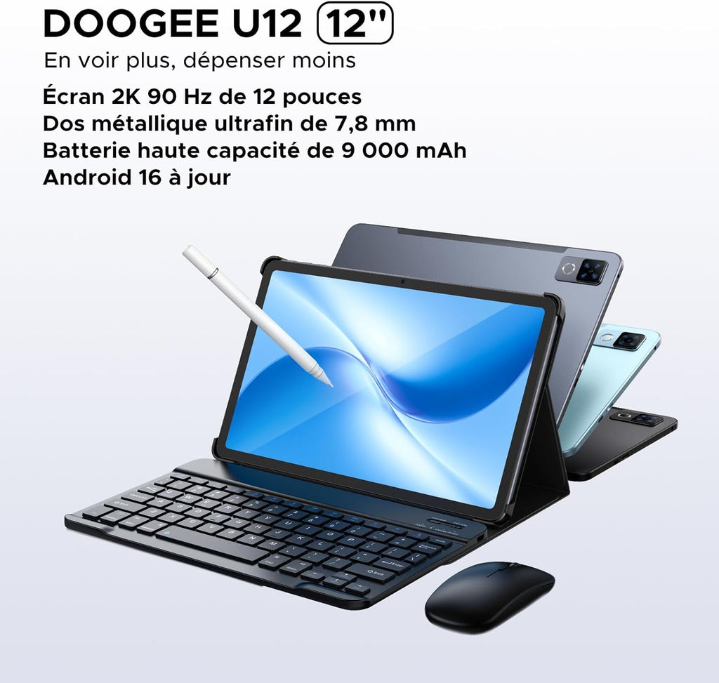 Tableta Android DOOGEE U12-V, tableta de 12 pulgadas, 24 GB RAM + 128 GB ROM (TF 2 TB), batería de 9000 mAh / carga rápida de 18 W, procesador Octa-Core Unisoc T7255, cámara de 13 MP, teclado para tableta con lápiz óptico, WiFi 5G