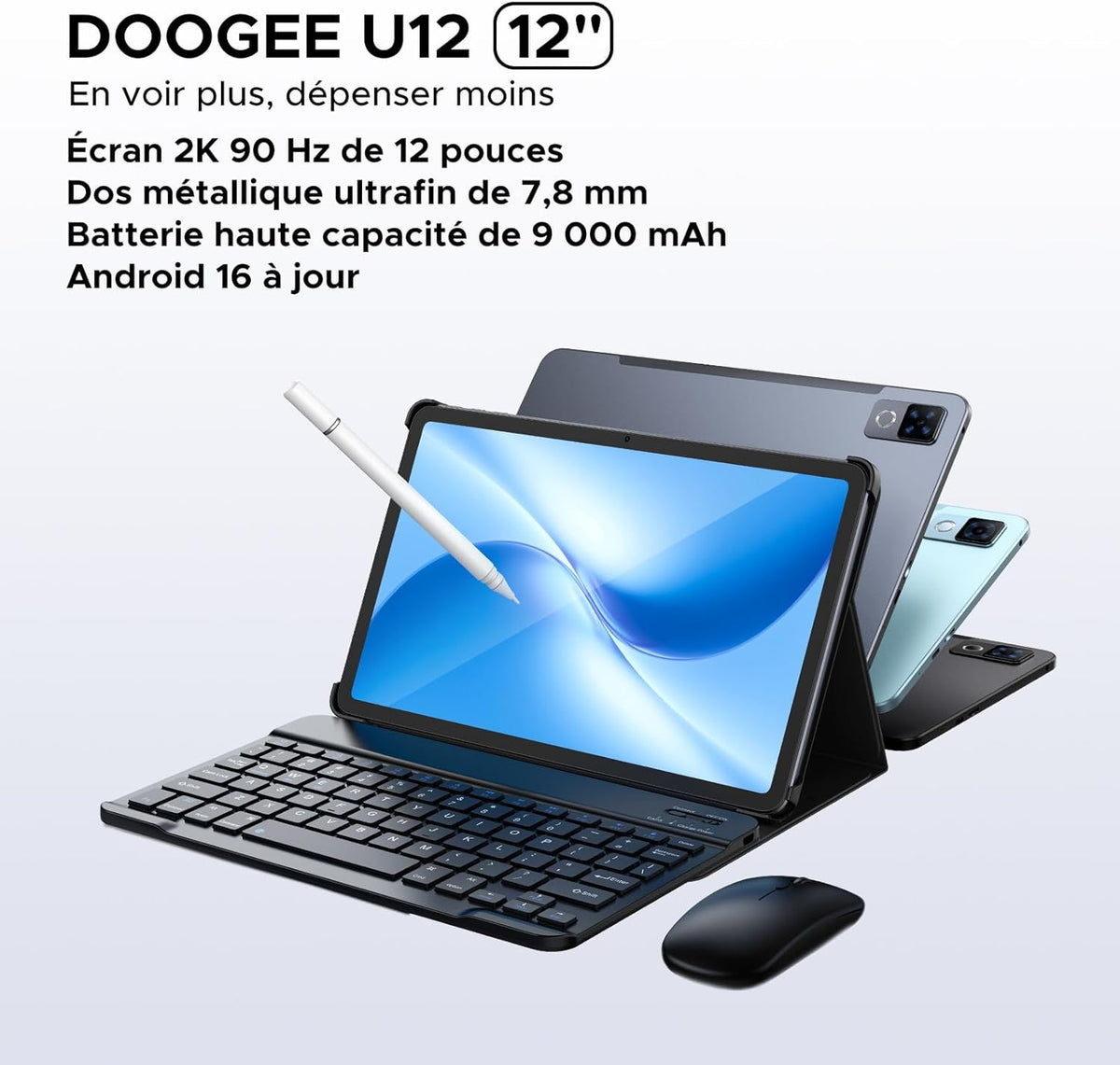 Tableta Android DOOGEE U12-V, tableta de 12 pulgadas, 24 GB RAM + 128 GB ROM (TF 2 TB), batería de 9000 mAh / carga rápida de 18 W, procesador Octa-Core Unisoc T7255, cámara de 13 MP, teclado para tableta con lápiz óptico, WiFi 5G