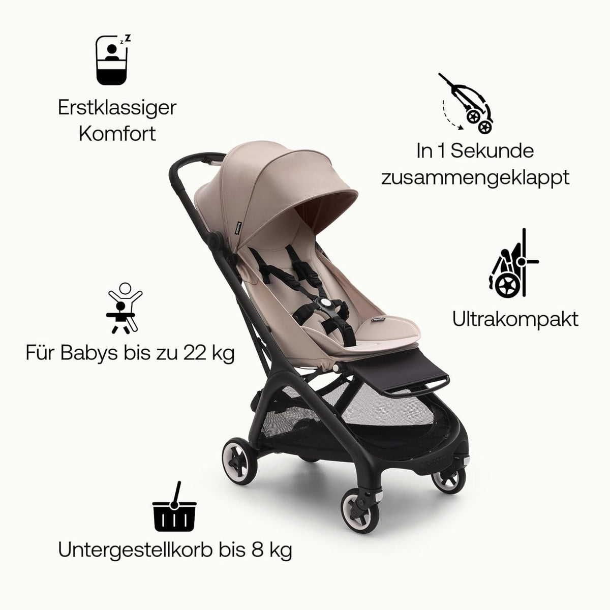 Cochecito de viaje ultracompacto Bugaboo Butterfly, pequeño y ligero, plegable con una sola mano y fácil de maniobrar, cochecito urbano ergonómico para bebés a partir de 6 meses, con mucho espacio de almacenamiento, Stormy Blue