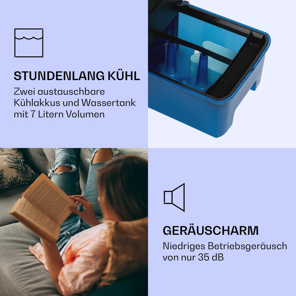 Enfriador de aire Klarstein con refrigeración por agua, enfriador evaporativo 4 en 1 silencioso, humidificador, ventilador y modo nocturno, aire acondicionado portátil de 7 L, enfriador de aire de 65 W, flujo de aire refrigerante de 330 m³/h