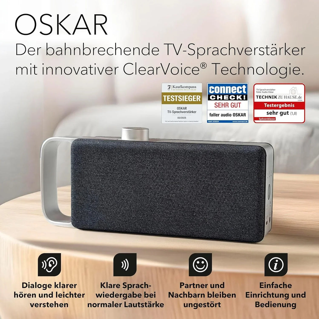 Altavoz/barra de sonido para TV Faller Oskar con Clear Voice (portátil, inalámbrico, fácil manejo, carcasa de aluminio)