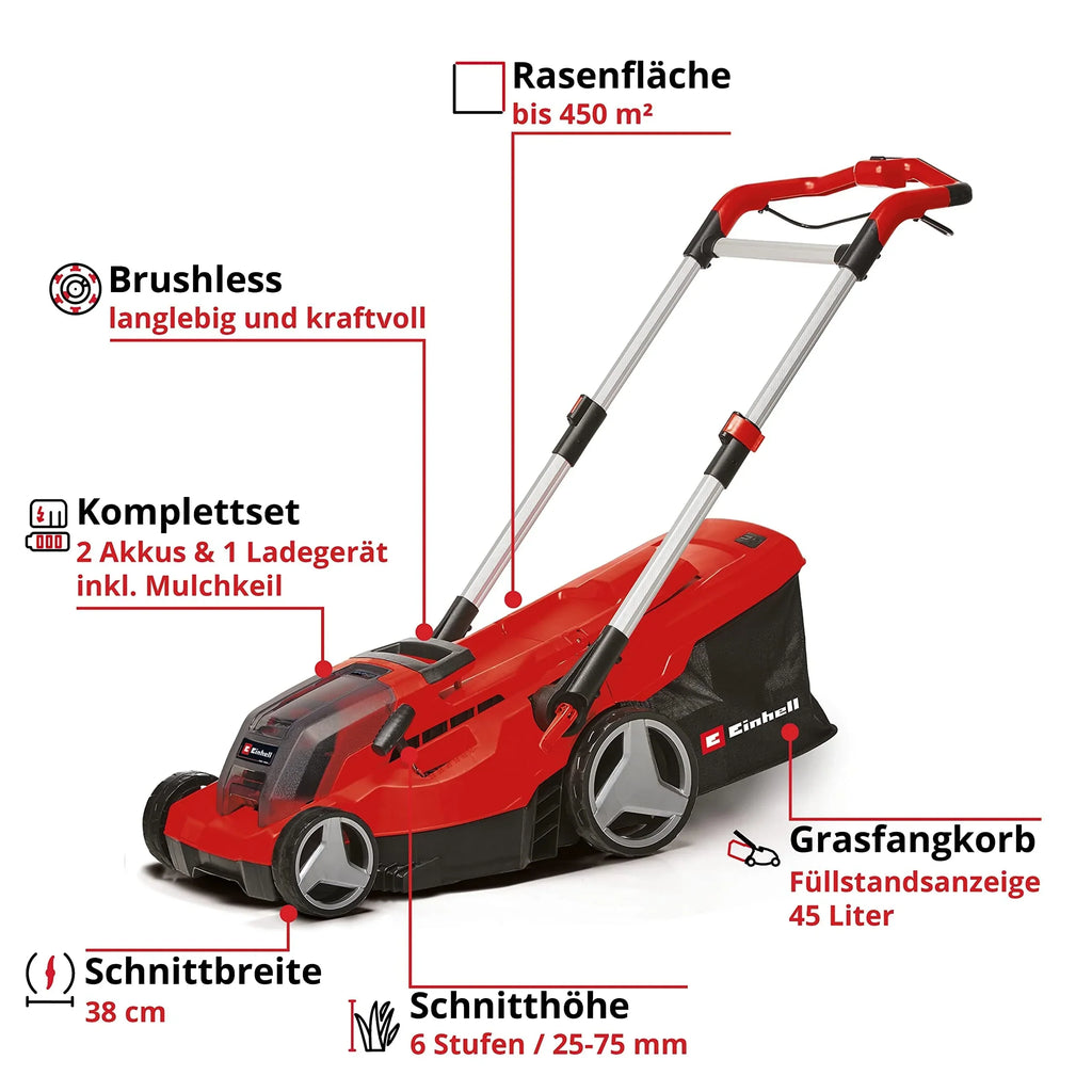 Cortacésped inalámbrico GP-CM 36/450 36 V, ancho de corte 38 cm, sin escobillas, cesta colectora de 45 l, 2 baterías de 4,0 Ah, cargador doble