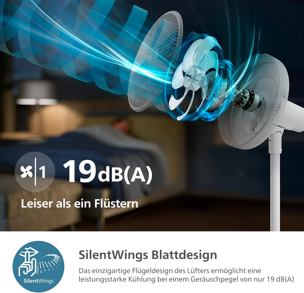 Ventilador PHILIPS Serie 2000. Potente y súper silencioso con tecnología SilentWings. 19 dB. Ventilador 2 en 1 de mesa y pie. Inclinación y oscilación ajustables. Temporizador de 12 horas. Blanco (CX2550/00)