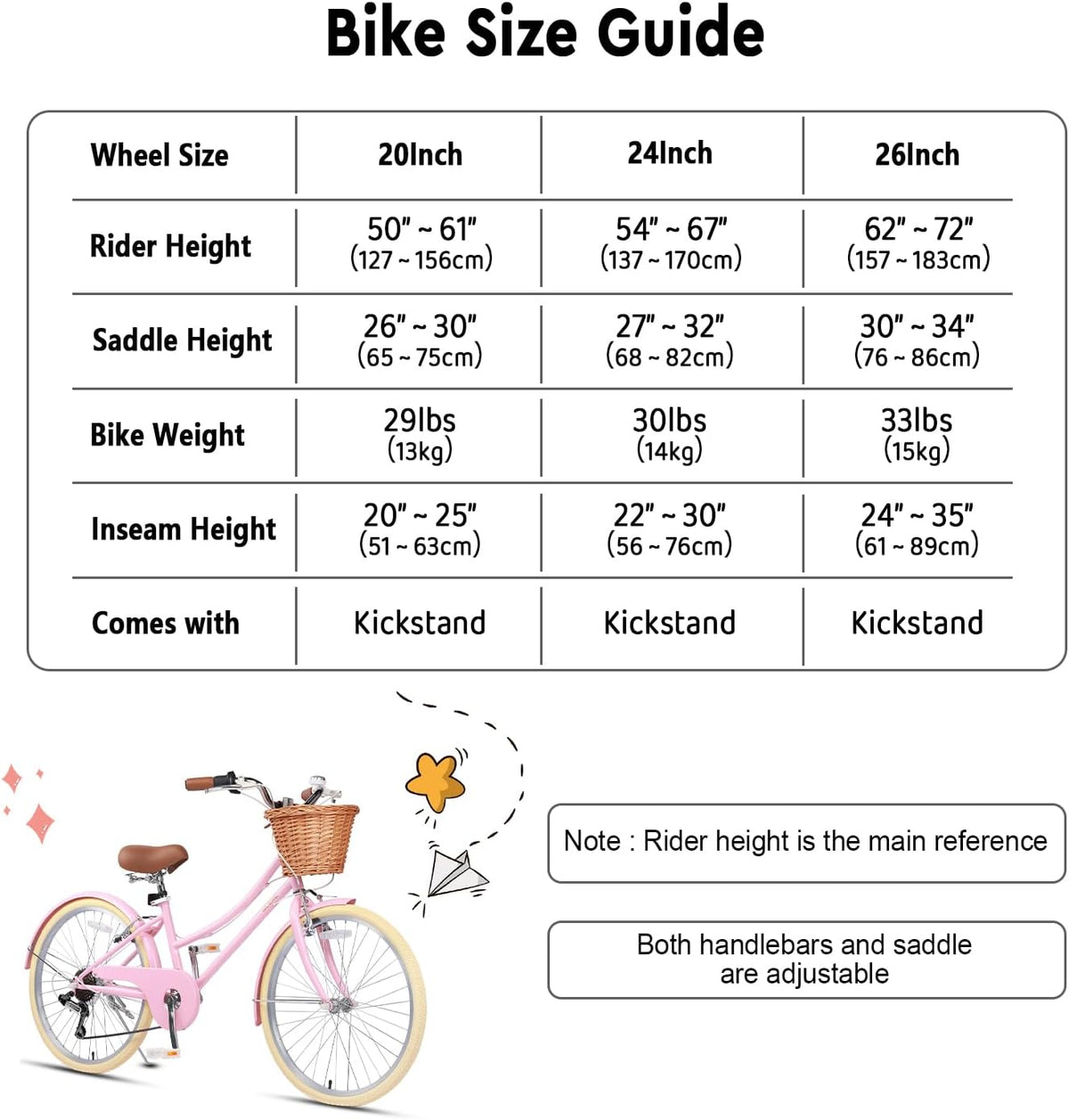 Glerc Missy 20, 24, 26 pulgadas bicicleta híbrida urbana tipo crucero para niñas, de 6 velocidades, con cesta de mimbre, para jóvenes mayores de 6 años, varios colores