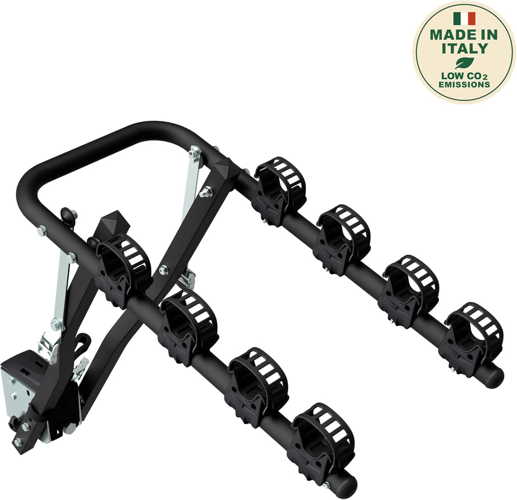Peruzzo - Portabicicletas Arezzo para 4 bicicletas - Negro - Universal para bola de remolque - Carga máx. 50 kg - Compatible con Fat Bike - Inclinable para facilitar el acceso al maletero - Instalación y desmontaje sencillos