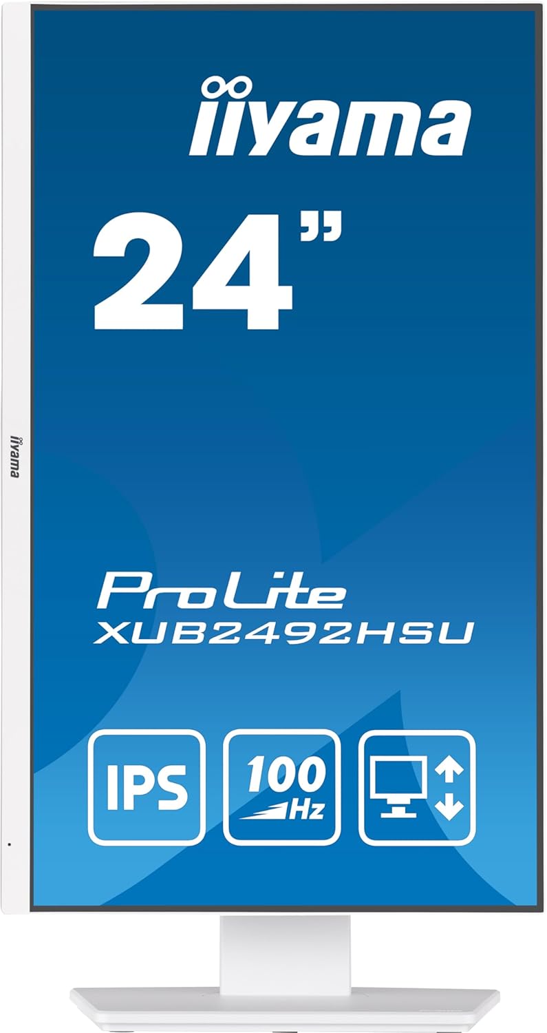 iiyama Monitor Prolite XUB2492HSU-W6, 23,8" Slim, IPS, FHD@100Hz, 0,4ms, 250 CD, 1300:1, Altavoces, HDMI/DP/USB-HUB, soporte ajustable en altura de 15cm + pivote, TCO