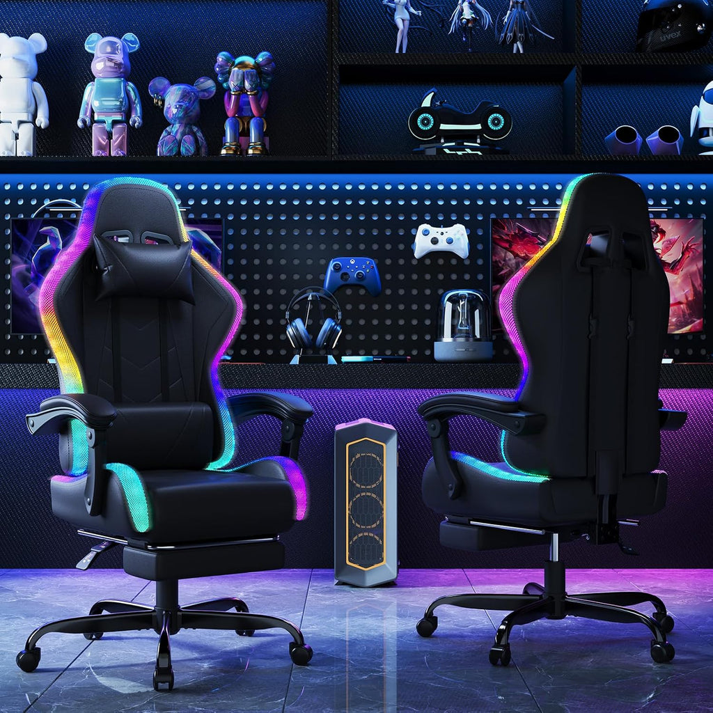 Silla gaming LED Devoko – Silla de oficina ergonómica con función de masaje y reposapiés telescópico, respaldo ajustable (90-135°), para gamers de hasta 150 kg, diseño que cuida la vista, negro