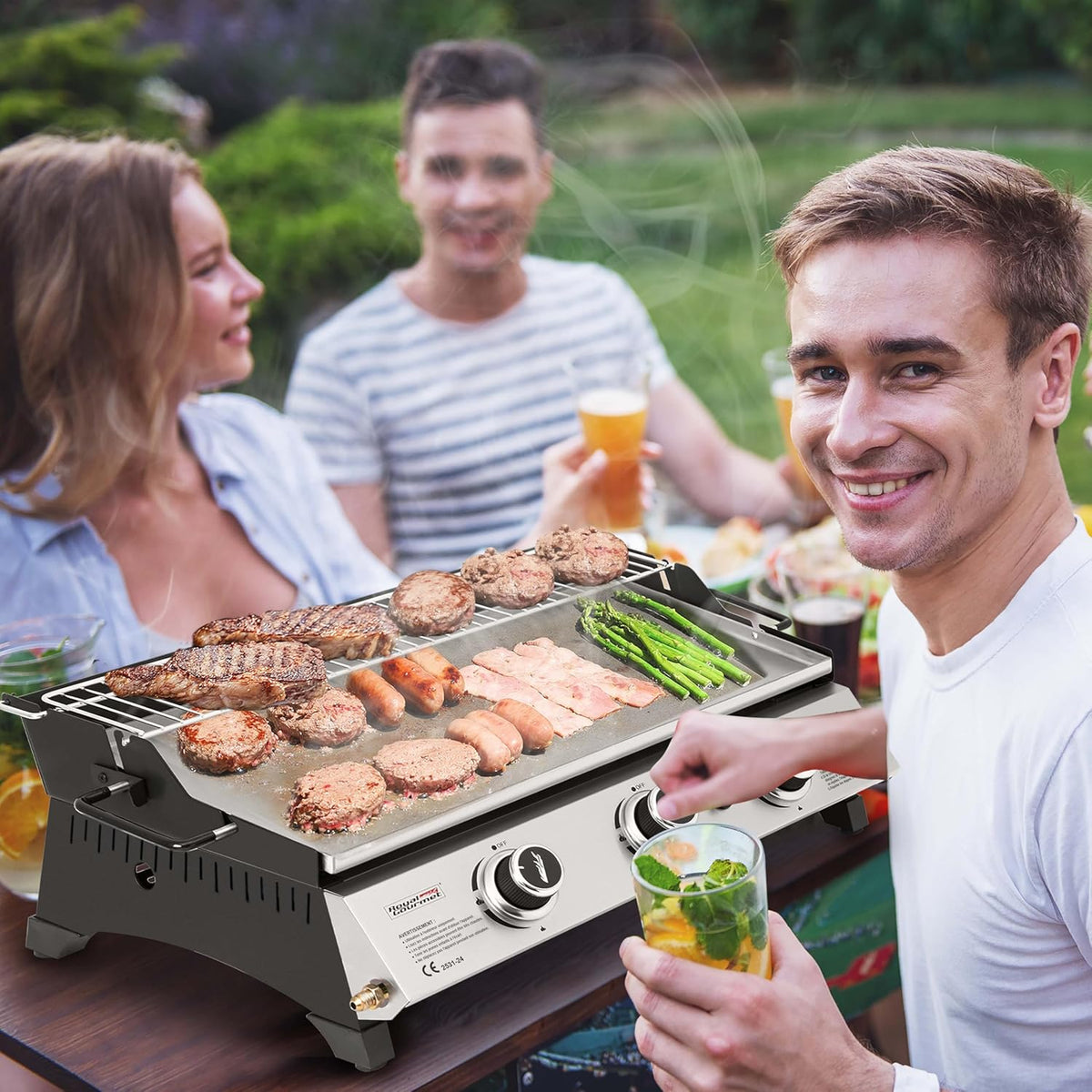Plancha de gas propano Royal Gourmet de acero inoxidable, 3 quemadores de 7,5 kW, superficie de cocción de 61,5 x 32 cm con rejilla de calentamiento, adecuada para camping y exteriores, plateada