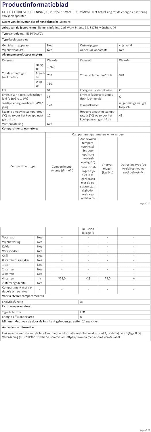 Congelador Siemens GS54NAWCV iQ500, 176 x 70 cm, 327 L, noFrost nunca más volver a descongelar, bigBox espacio para alimentos congelados grandes, varioZone estantes y cajones de cristal flexibles, Blanco