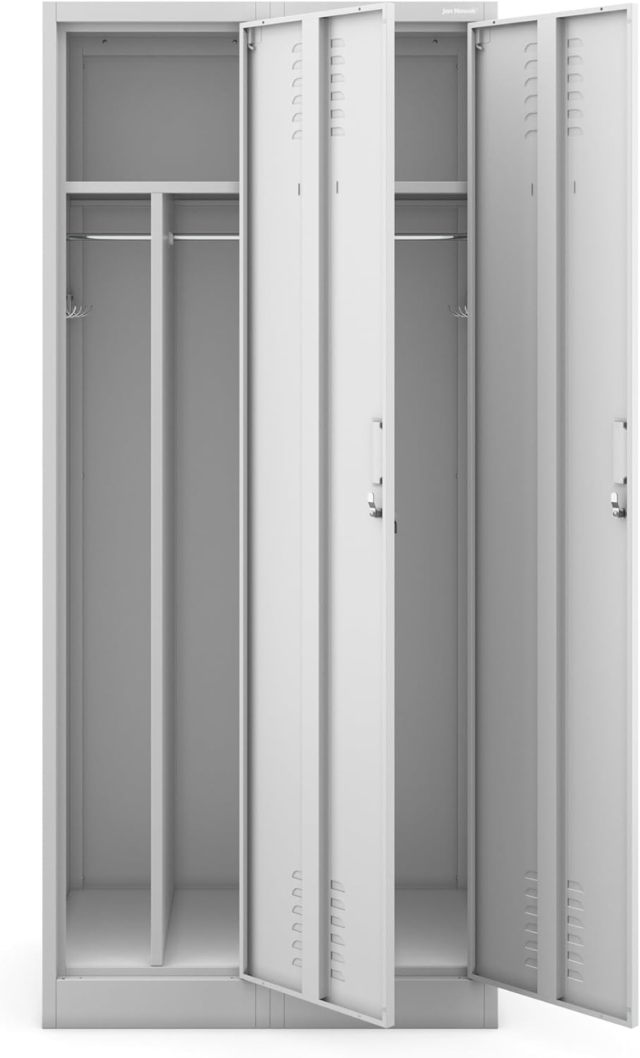 Armario casillero Jan Nowak, armario metálico, armario ropero, taquilla | 2 compartimentos con barra para ropa, estantes divisorios, ranuras de ventilación, 4 ganchos para ropa por compartimento | 180 cm x 80 cm x 50 cm, Gris