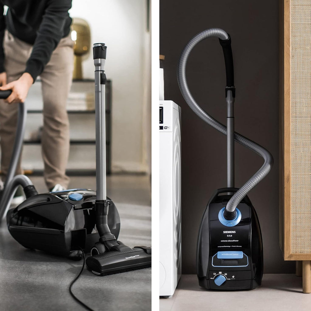Aspiradora con bolsa Siemens Q5.0 extreme silencePower VSQ5X1230, ideal para alérgicos, filtro higiénico, gran potencia de succión, cepillo para parquet, alfombras y azulejos, cable largo, 850 W, negro