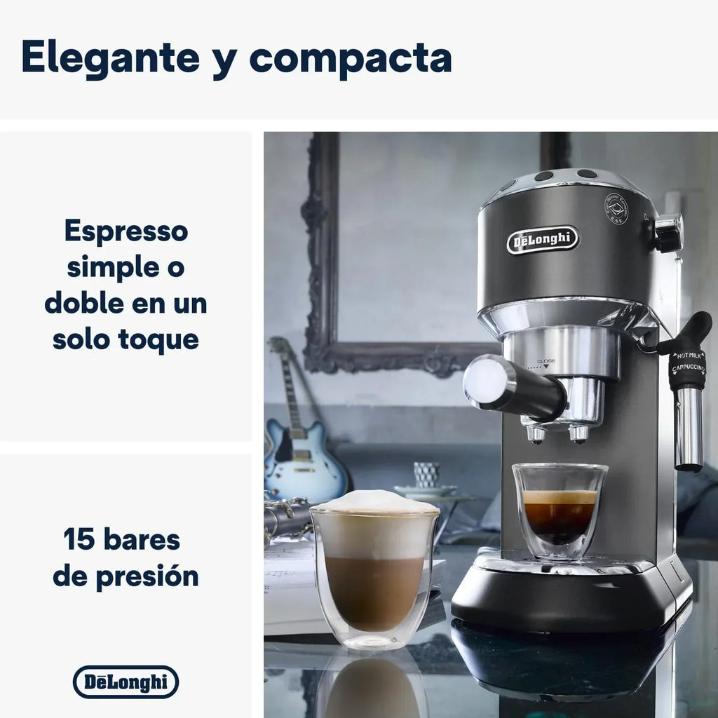 De'Longhi Dedica – Cafetera de bomba de acero inoxidable para café molido o monodosis, espresso y capuchino, depósito de 1,3 litros, sistema antigoteo, modelo EC685.M, color metal