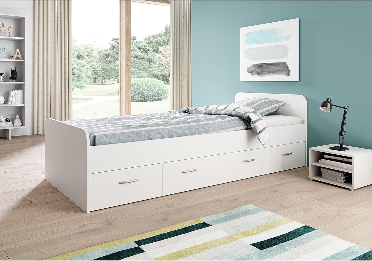Cama individual moderna Boro con 3 cajones 90 x 200 cm - Práctica cama tipo litera para habitación juvenil en blanco - 95 x 66 x 204 cm (ancho/alto/fondo)