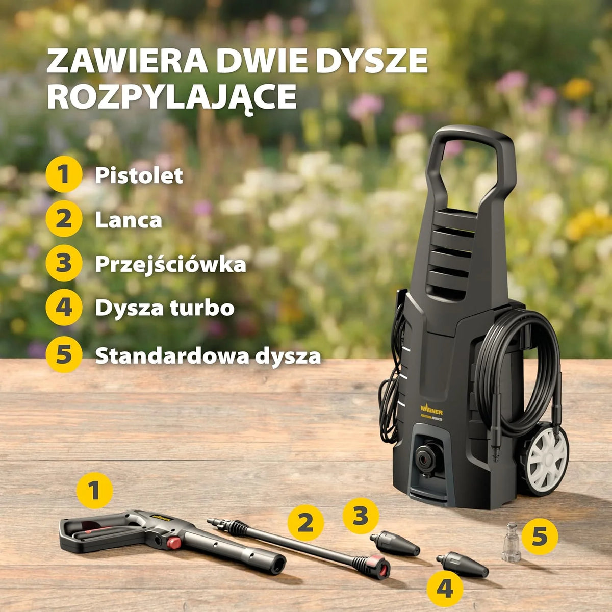 WAGNER AQUASTORM ADVANCED - Wydajna myjka ciśnieniowa do szybkiego i skutecznego czyszczenia, w zestawie standardowa- i turbo dysza