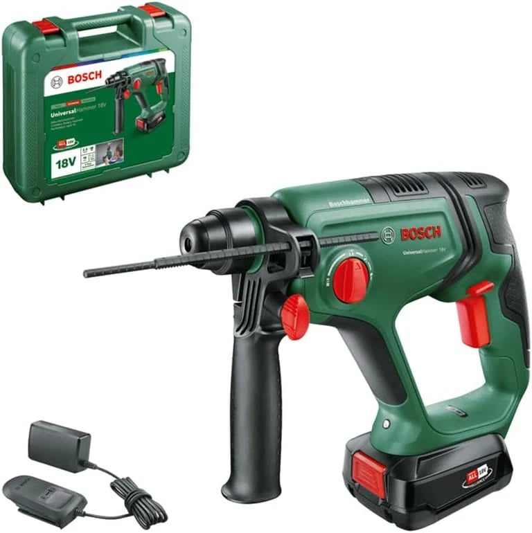 Bosch Home And Garden Akumulatorowa Wiertarko-Wkrętarka, UniversalHammer 18 V, 1x Akumulator 2.5 Ah, System 18 V, do Wiercenia, Wiercenia z Udarem, Dłutowania i Wkręcania, w Walizce