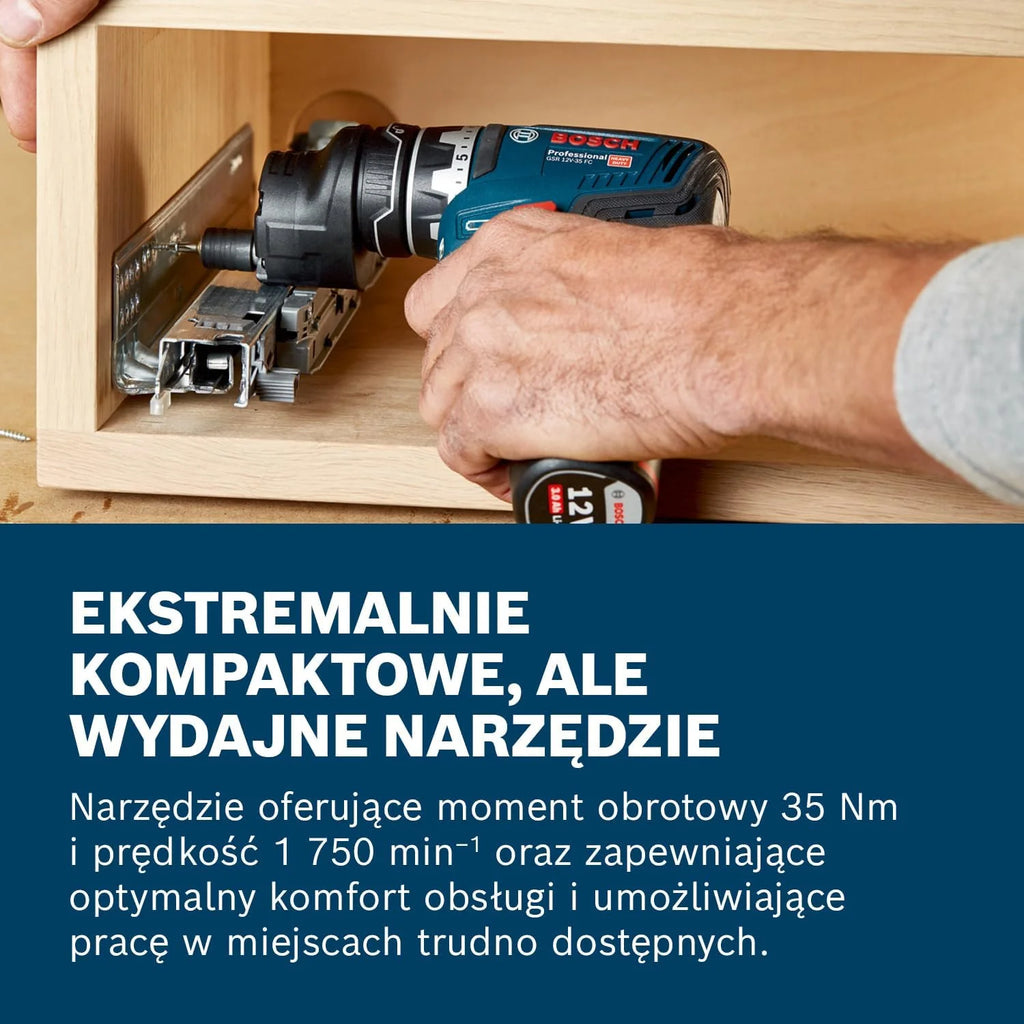 Bosch Professional system 12V: akumulatorowa wiertarko-wkrętarka GSR 12V-35 FC (bez akumulatorów i ładowarki, opakowanie kartonowe)