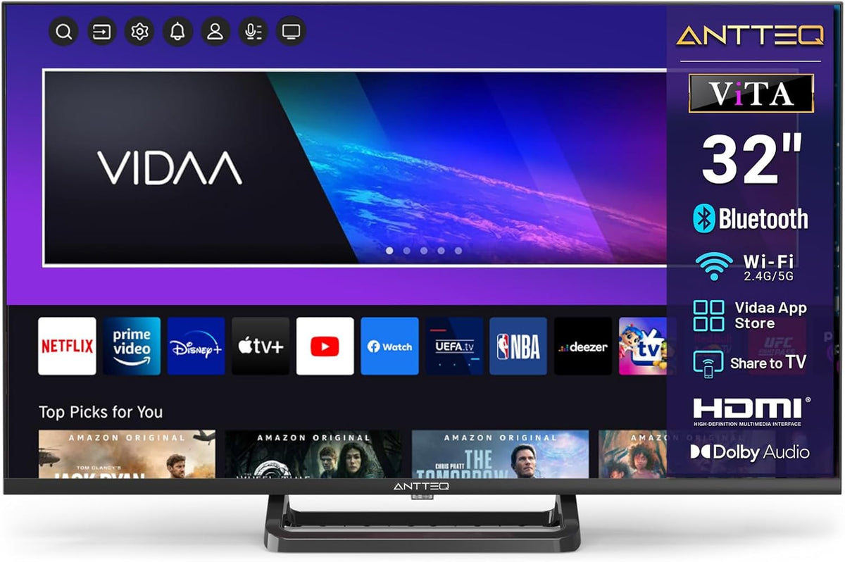 Smart TV Antteq Vita de 32 pulgadas (80 cm) - Televisor conectado con control por voz, triple sintonizador (DVB-S2/T2/C), WiFi, Bluetooth, HDMI, Netflix, DAZN, función de compartir pantalla, tienda de aplicaciones 2025