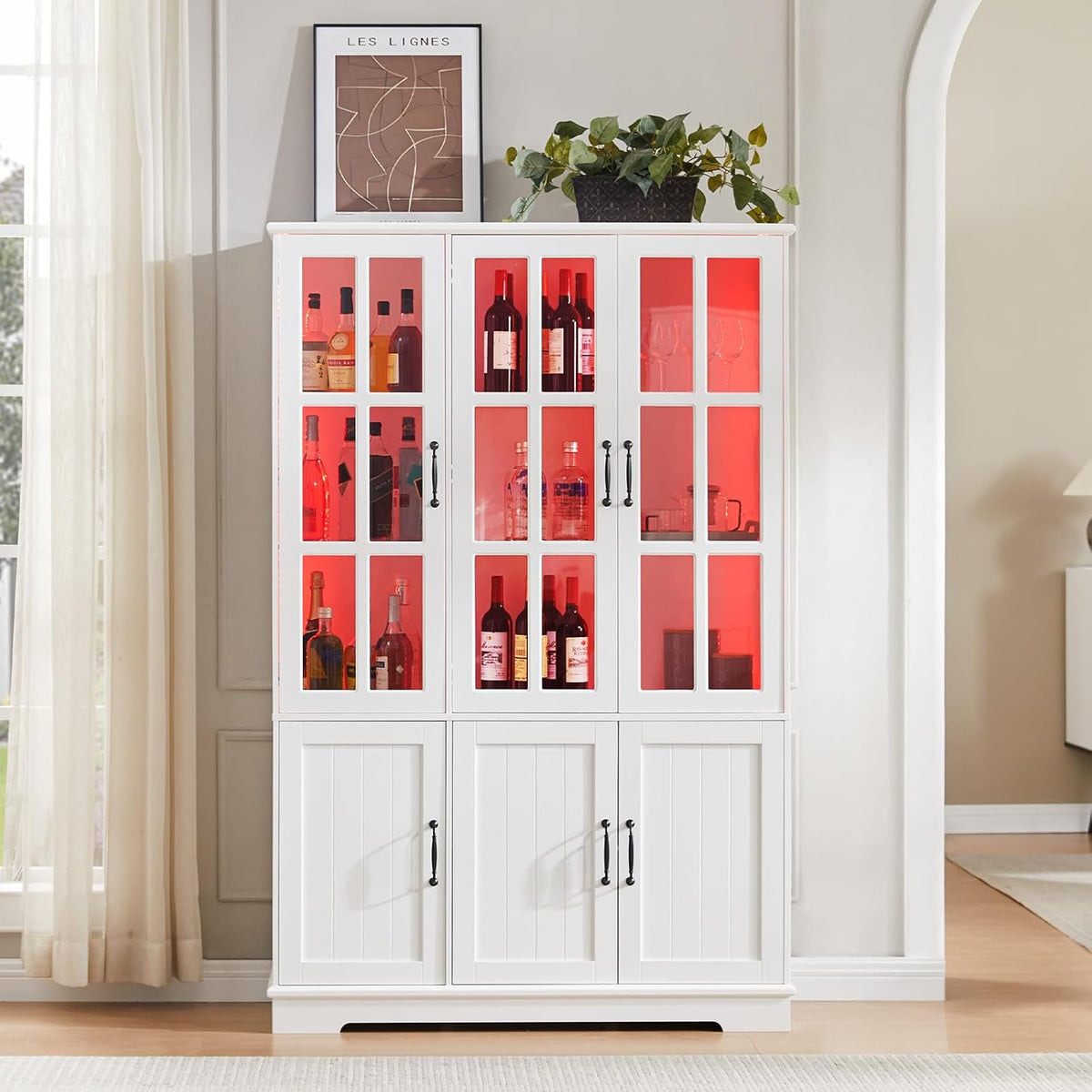 LUXOAK Vitrina con iluminación LED y tiradores retro, armario alto blanco de 180 cm, 6 puertas con ventanas acrílicas y 8 estantes, armario moderno para salón y cocina
