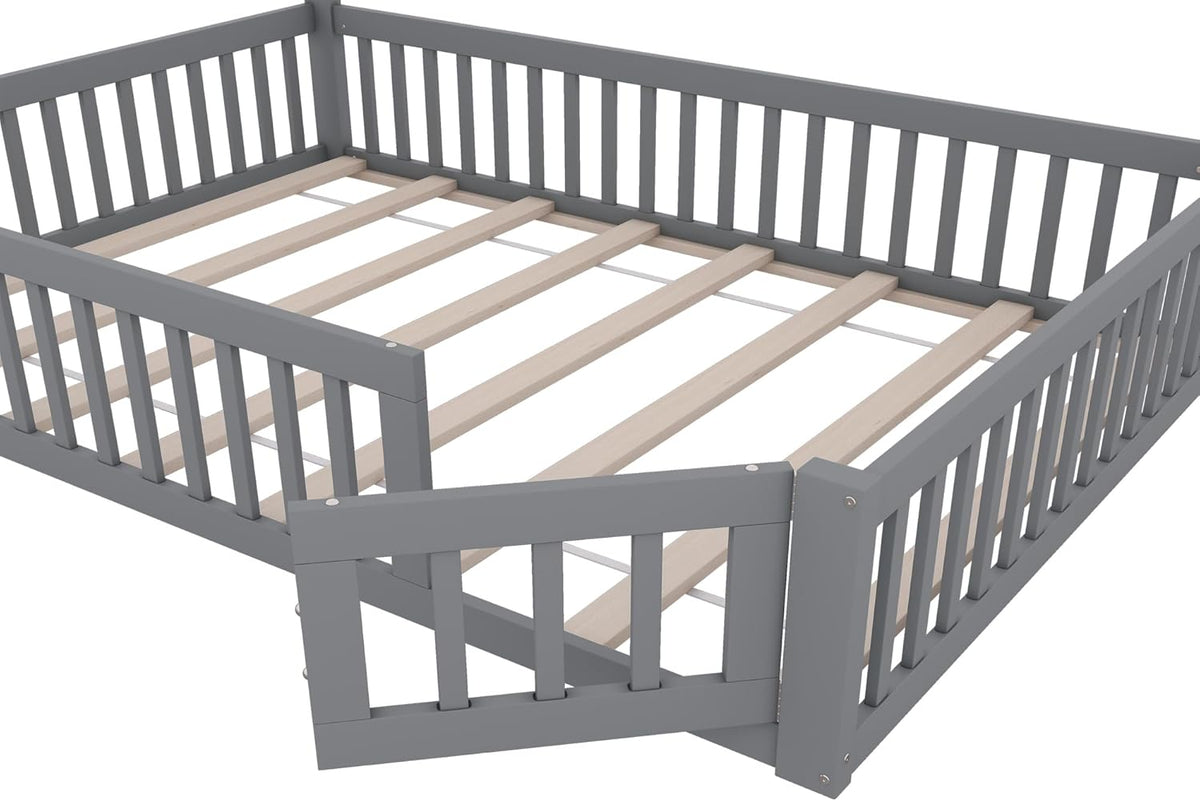 Cama infantil al suelo Merax 140x200 cm, cama casita con protección anticaídas y somier, forma de chimenea, valla abatible - Cama Montessori, cama juvenil, estructura de cama de madera (sin colchón), gris