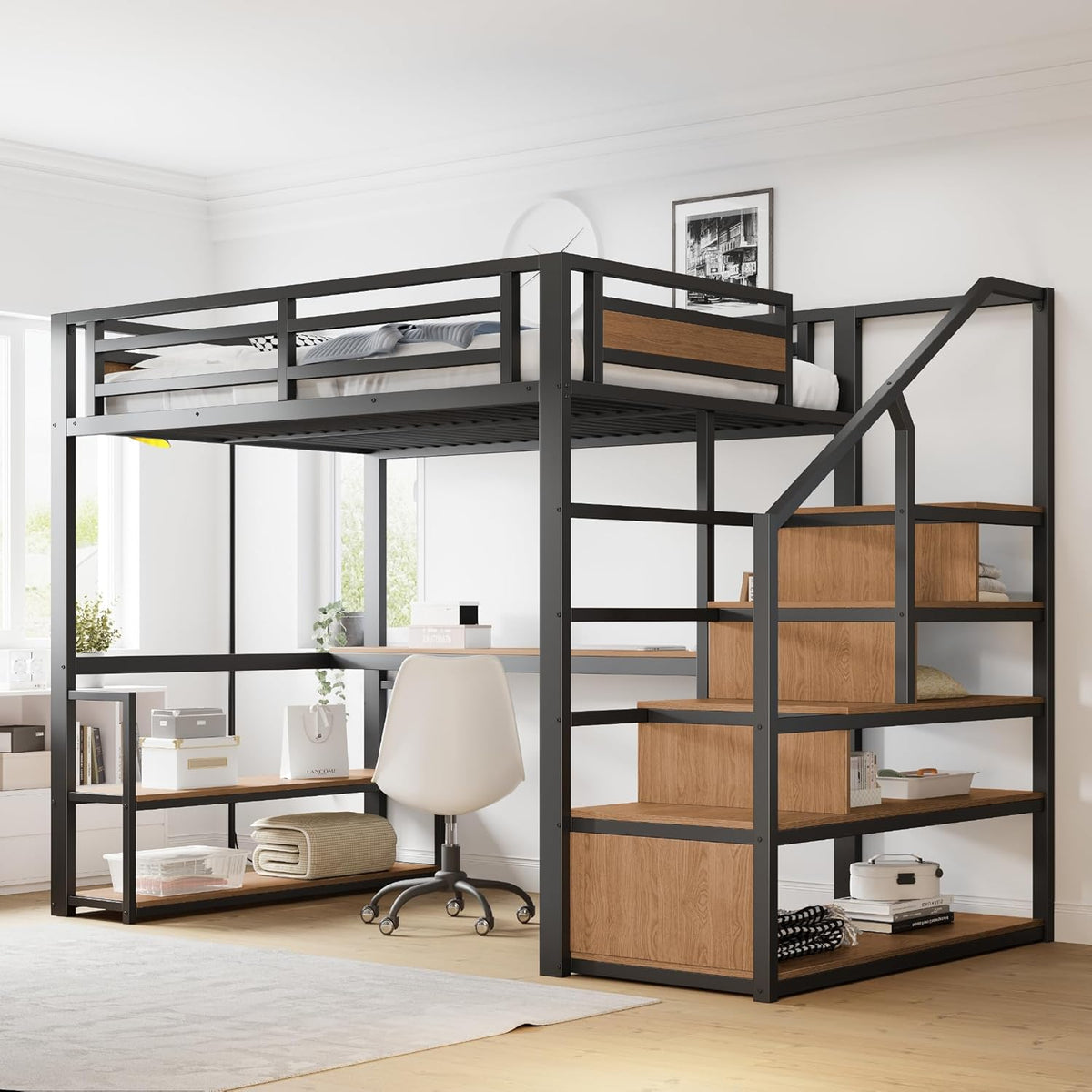 Litera alta de metal de 140x200 con escalera de almacenamiento con estantes y escritorio, diseño de valla de seguridad con tablones de metal unidos, cama de estructura de hierro alta con marco de metal para un soporte estable (negro)