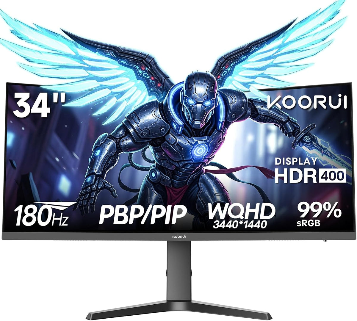 Monitor Gaming Curvo KOORUI de 34 pulgadas, Panel VA WQHD 3440x1440, 180Hz, HDR400, 99% sRGB, 2xHDMI 2.0 y DP 1.4, Altura ajustable de 110 mm, Negro