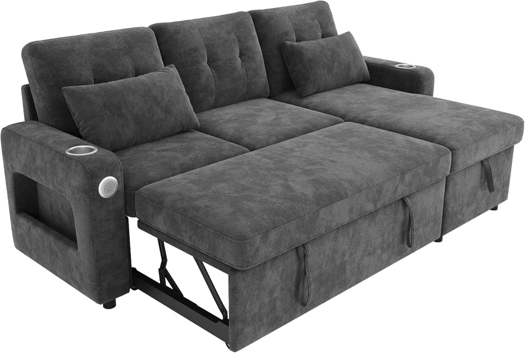 Sofá en L Merax con función cama y arcón, práctico sofá cama con espacio de almacenamiento, iluminación LED, USB/Tipo-C y 2 portavasos, sofá cama extraíble en forma de L, tela de chenilla, gris