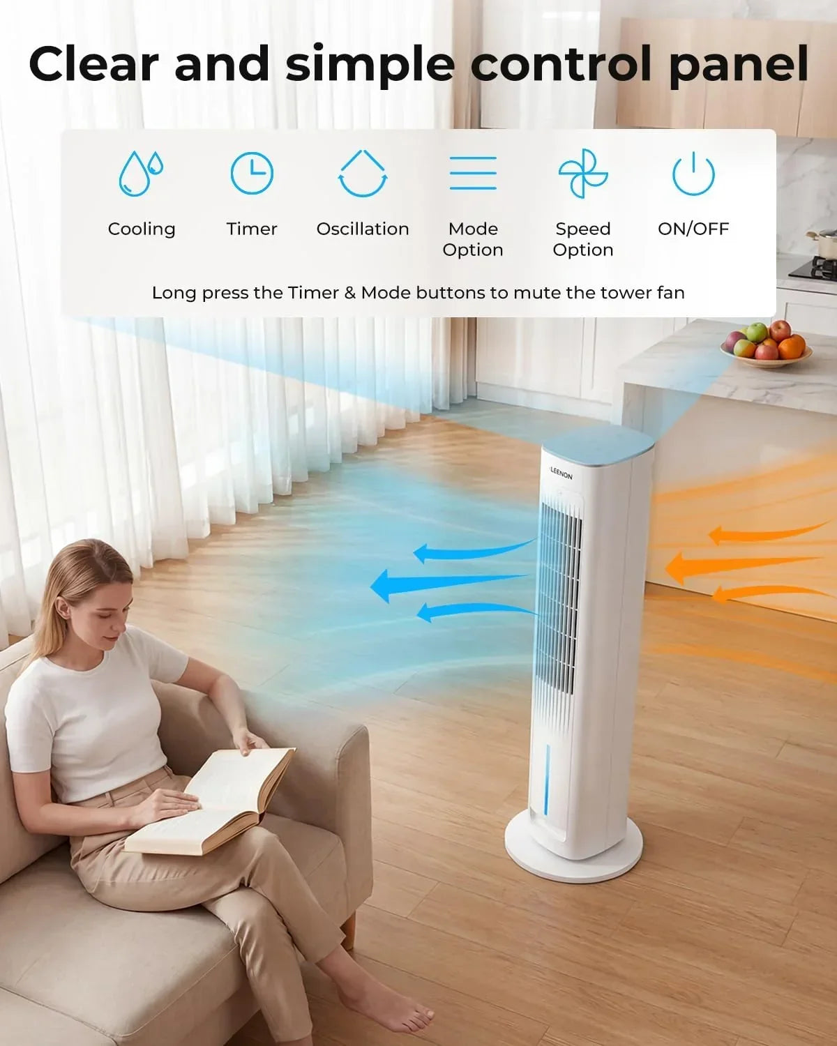 Ventilador de torre con refrigeración por agua ATF-026L 38 pulgadas 60W, enfriador evaporativo con control remoto, 3 velocidades, temporizador de 12H