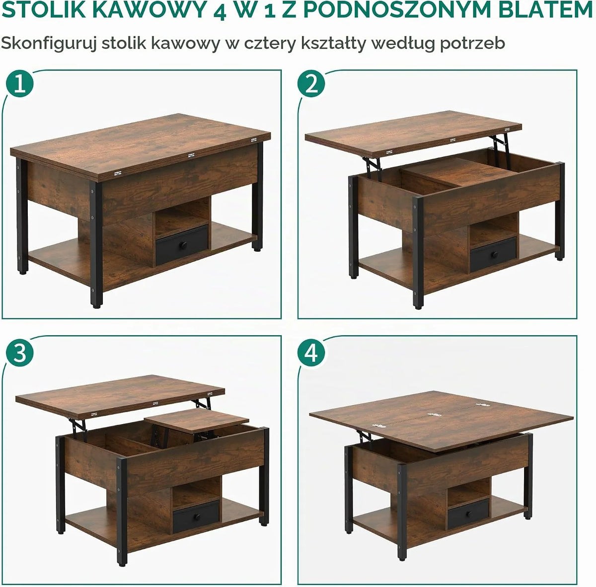 YITAHOME Stolik kawowy z szufladami, wielofunkcyjny podnoszony stolik kawowy 4 w 1, z miejscem do przechowywania i ukrytą przegródką, przekształca się w stół jadalny do salonu, rustykalny brązowy