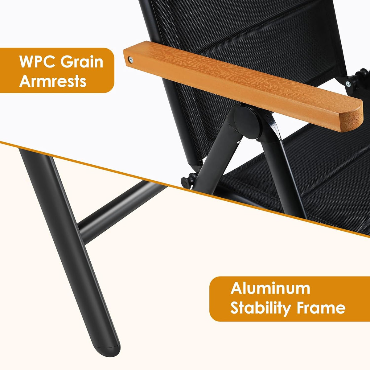 LIFERUN Silla de jardín plegable con respaldo alto, juego de 2 sillas de aluminio para balcón, reposabrazos de WPC, con respaldo y asiento acolchados, ajustable en 7 posiciones, hasta 120 kg, silla de comedor para exteriores, negro, 2 unidades