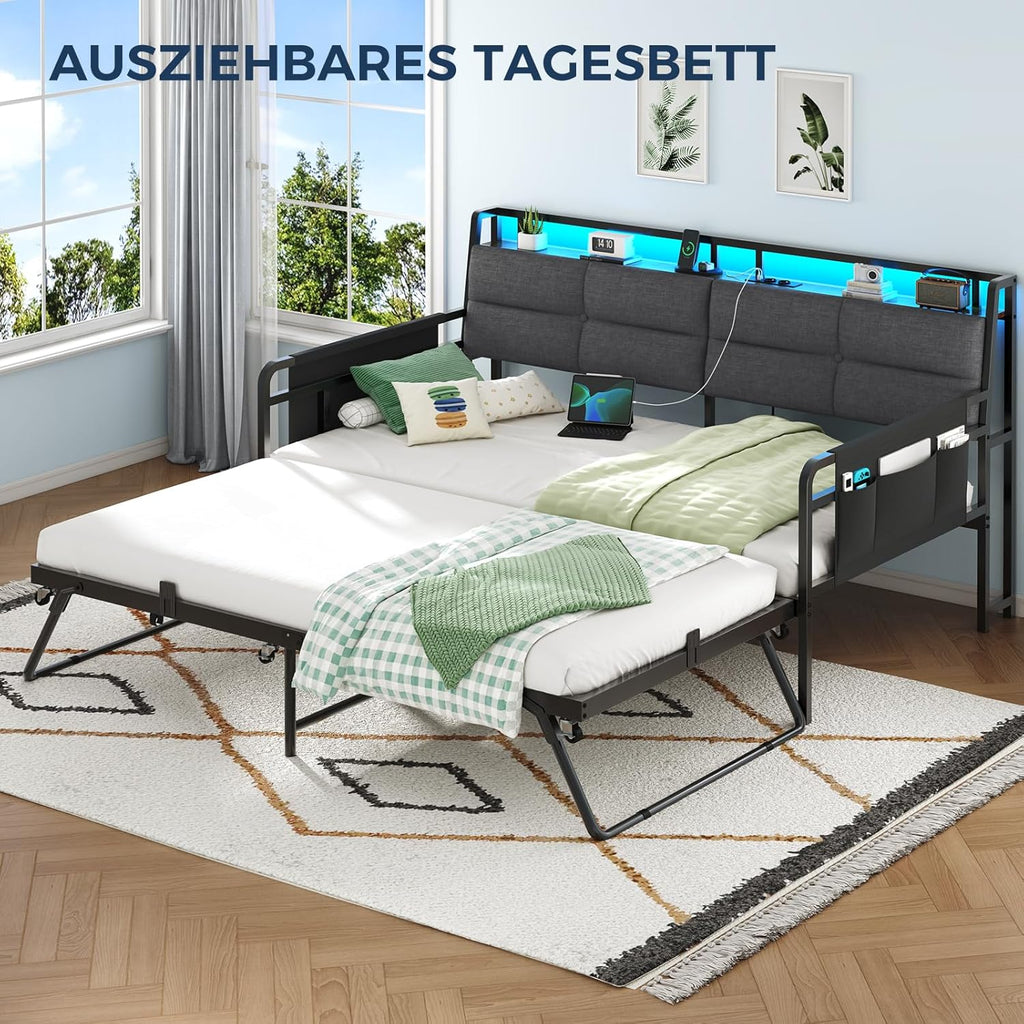 Sofá cama Brinlawb con cama nido, diván de 90x200 (180x200) cm, diván extraíble con iluminación LED y estación de carga (2 tomas de corriente CA, 2 puertos USB), cama individual y cama doble, cama de invitados