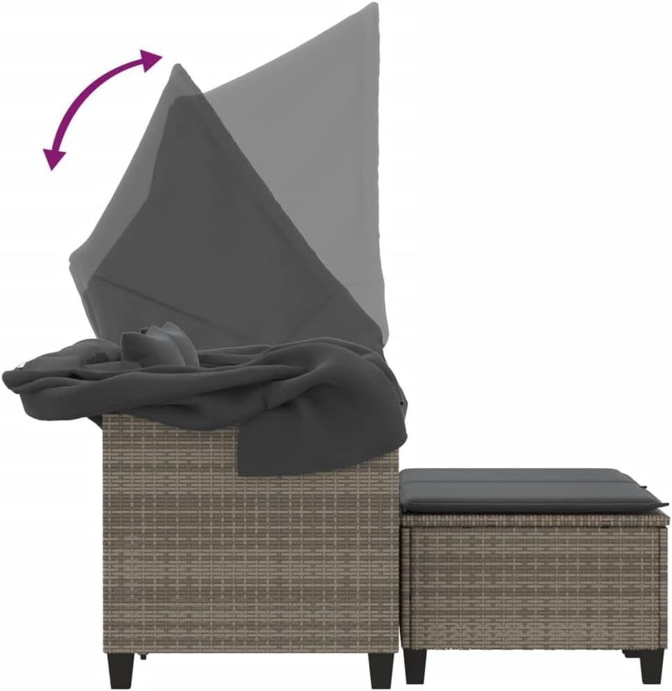 Sofá de jardín de 2 plazas vidaXL con techo y reposapiés, sofá de exterior, muebles de jardín, conjunto de salón para patio, muebles de terraza para dos personas, poliratán gris