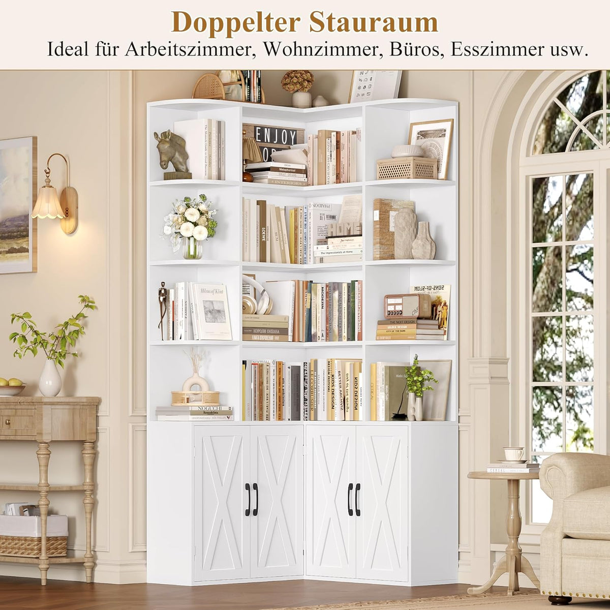 Librería FirFurd de 187 cm con puertas, estantería esquinera con 12 compartimentos, armario para libros en forma de L, vitrina de madera, armario alto, estante con puertas para salón, estudio, oficina, cocina, 187 x 80 x 80 cm, blanco